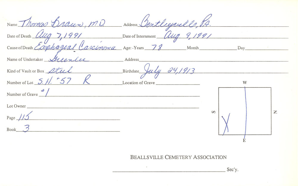 Thomas M. Braun MD burial card
